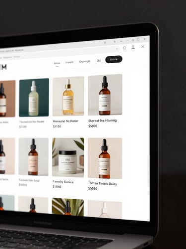 Full-screen desktop browser mockup showing a polished Hungarian e-commerce website, product grid visible, clean navigation bar, shot straight-on under studio lighting with no reflections, canvas-edge framing on the right