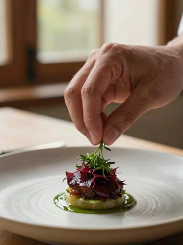 Close-up portrait of a chef carefully placing a delicate herb on a minimalist ceramic dish, soft natural window light, warm tones, shallow depth of field, rich textures