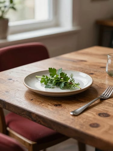 Warm editorial photograph of a rustic wooden dining table in a soft-lit Scandinavian restaurant, a single ceramic plate with fresh herbs, soft window light, 35mm
