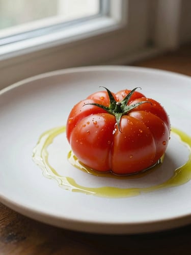 Close-up of a minimalist ceramic plate with a single heirloom tomato dish, drizzled with olive oil, soft natural side lighting from a window, warm editorial photography style, 35mm