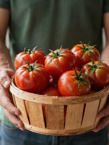 Close-up of a local farmer's hands holding a rustic wooden basket filled with fresh heirloom tomatoes, soft afternoon window light, warm editorial photography, shallow depth of field, 35mm