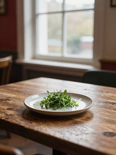 Soft window light illuminating a rustic dining table in a Scandinavian-style restaurant, a single ceramic plate with fresh herbs, elegant and warm atmosphere, 35mm photography