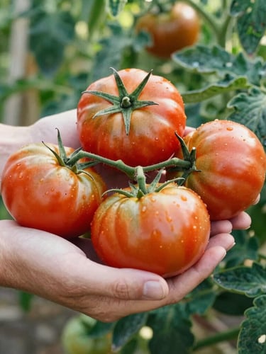 Close-up of hands holding fresh heirloom tomatoes in a sunlit organic farm, soft natural daylight, rich crimson and green tones, 35mm