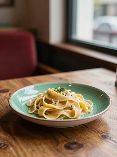 A close-up of a rustic wooden restaurant table with a ceramic plate of handmade pasta, soft natural side light from a window, warm editorial photography, 35mm