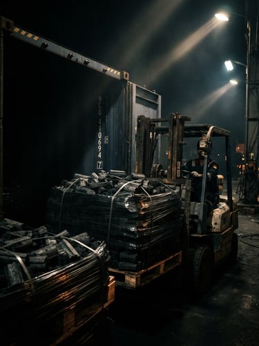 Dramatic low-key industrial photography of a shipping container being loaded with charcoal pallets at an Indonesian port, sharp side-lit studio shafts, high contrast