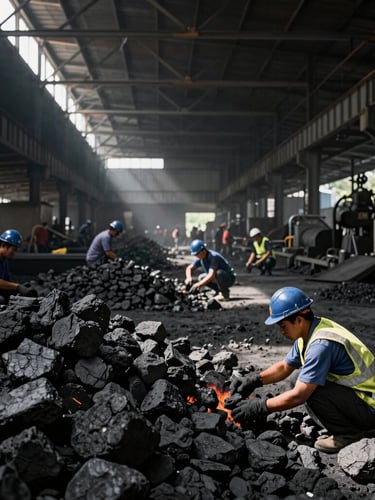 Wide environmental shot of an industrial charcoal sorting yard in West Java, workers in safety gear hand-sorting lump charcoal under sharp side-lit warehouse shafts.