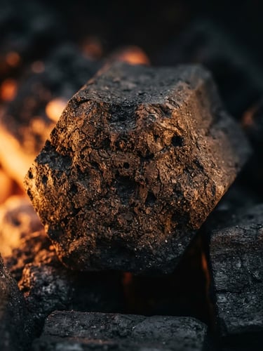 Macro shot of high-density charcoal briquettes with sharp edges, side-lit by a warm ember glow, showcasing deep carbon textures and industrial precision
