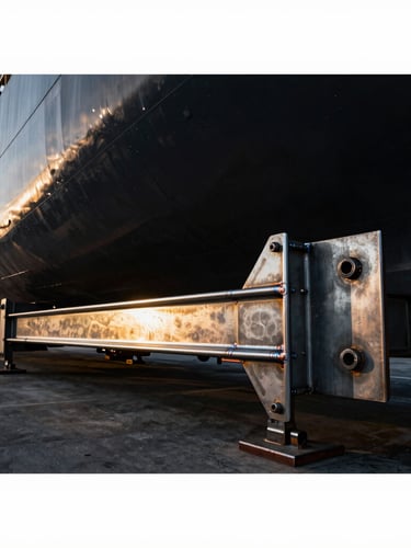 Low-angle shot of a massive steel trailer chassis on a dark shipyard dock in Batam, dramatic industrial lighting reflecting off clean weld seams.