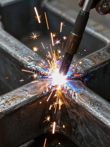 Close-up of flawless weld seams on a heavy steel chassis, dramatic yellow sparks from welding torch, high-contrast industrial lighting, dark metallic texture
