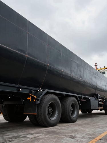 Low-angle panoramic shot of a massive multi-axle lowbed trailer chassis made of matte black steel, parked on concrete at the Sagulung shipyard, dramatic high-contrast overcast lighting highlighting metallic weld seams.