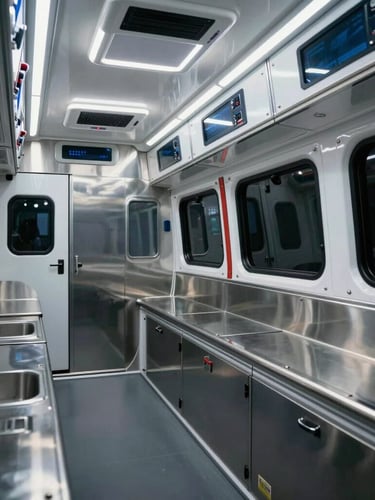 Low-key high-contrast interior of a modern ambulance, sterile stainless steel surfaces, ergonomic medical equipment racks, bright LED lighting casting sharp highlights on metallic edges, clean and precise layout.