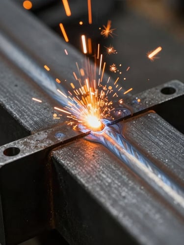 Extreme close-up of a flawless weld seam on a matte black steel beam, bright orange sparks frozen in mid-air, high-contrast industrial lighting highlighting the precise metallic texture