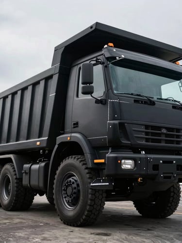 Low-angle dramatic shot of a completed heavy-duty dump truck, low-key industrial lighting highlighting flawless weld seams on matte black steel, overcast coastal daylight of Sagulung Batam in the background.