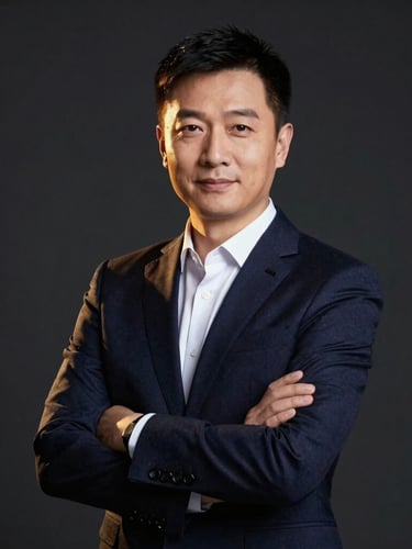 Professional studio portrait of executive economist Ren Zeping in dark navy suit, confident posture, warm gold accent lighting, deep dark background, sharp focus, 85mm lens