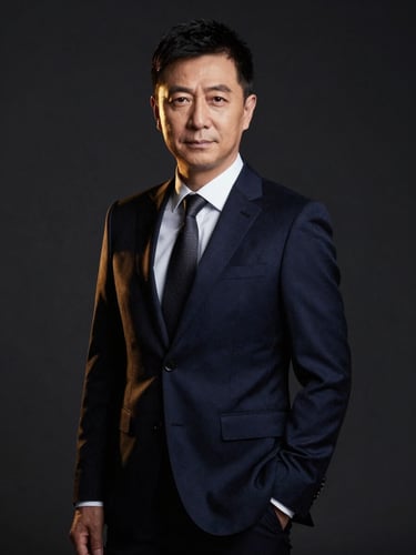 Professional executive portrait of Ren Zeping in a dark navy tailored suit, confident posture, dramatic studio lighting, rich gold highlights, minimalist dark background, high-contrast, 85mm lens