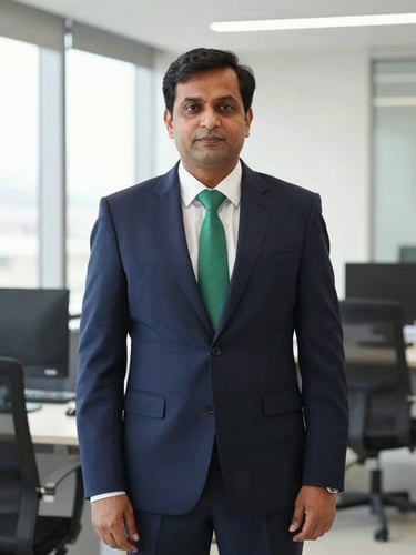 A professional corporate portrait of a senior Chartered Accountant in a bright, clean Gurugram office, neutral daylight, navy suit, sharp focus