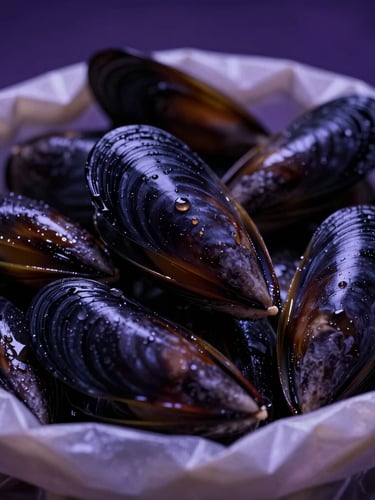 Extreme macro shot of glistening black mussel shells packed in a clean wholesale sack, dramatic deep purple studio lighting, high contrast, wet texture
