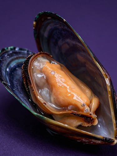 Extreme macro shot of an open, perfectly-meated cooked mussel, glistening wet texture, professional seafood styling, dark violet studio lighting, deep purple backdrop