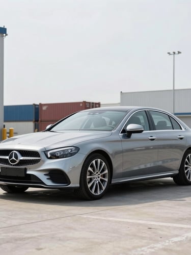 Sleek European luxury sedan parked in a clean modern shipping port depot, bright daylight, 50mm lens