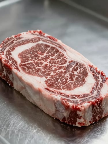 Macro close-up of raw ribeye steak with intense marbling on a clean stainless steel surface, bright cool directional light highlighting the fresh texture, professional meat processing environment.