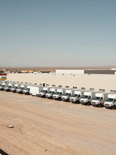 Wide environmental shot of the secure El Paso logistics facility and fleet of transport vehicles under harsh desert sun, desaturated earth tones.