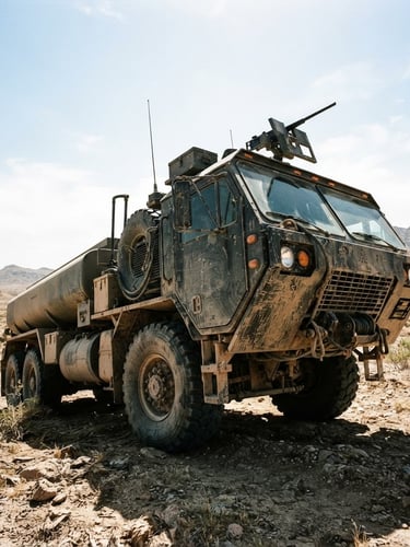 Low-angle high-contrast shot of a heavy-duty tactical transport vehicle parked in harsh desert daylight, desaturated earth tones, 35mm film.
