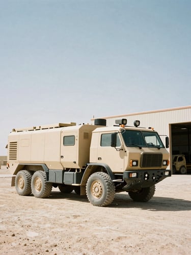 Low-angle powerful shot of a heavy-duty tactical transport vehicle parked in a high-contrast desert warehouse yard under harsh daylight, 35mm film style