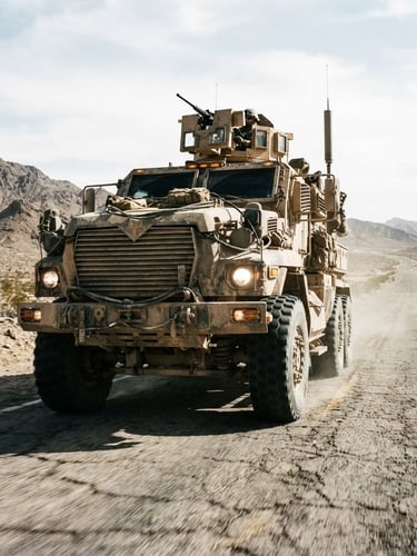 Low-angle powerful shot of a heavy-duty tactical transport vehicle on a desert highway, harsh desert daylight, high-contrast desaturated earth tones.