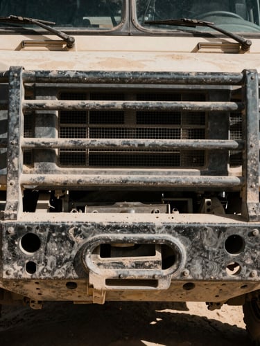 A close-up of a heavy-duty tactical transport truck's steel grille and reinforced bumper, harsh desert daylight casting deep shadows on the dusty metal surface.