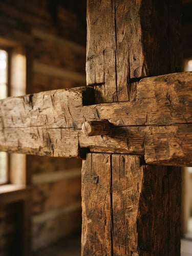 Tactile macro shot of hand-hewn 150-year-old timber joinery, soft morning light filtering through forest trees, warm earthy tones, 35mm