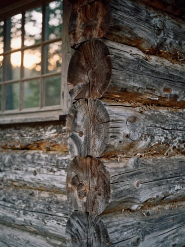 Macro photograph of 1800s hand-notched log cabin corner, weathered gray timber, deep broadaxe scars, soft morning light filtering through forest trees, warm heritage photography, 35mm