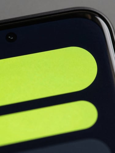 Extreme close-up of a flagship Android screen displaying a high-contrast dark interface with electric-lime active states refracting off the curved glass edges.
