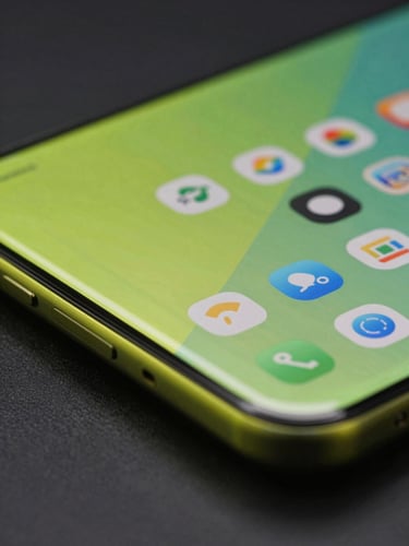 Extreme close-up of a flagship Android device edge, dark studio setting, electric lime glow reflecting off the high-refresh-rate glass screen showing nested UI components