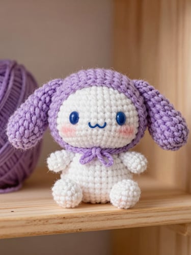 warm editorial photography, soft natural daylight, pastel and vibrant purple tones, macro lens showing yarn texture of a cute hand-knitted amigurumi character on a cozy wooden shelf