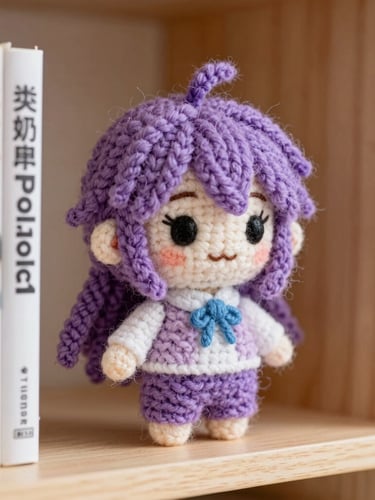 Macro shot of a highly detailed needle-felted anime character on a wooden shelf next to manga volumes, soft warm natural light, visible fiber textures