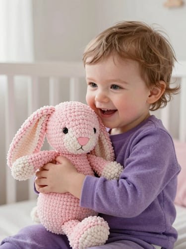 A cozy close-up of a happy toddler hugging a custom handmade pastel pink amigurumi bunny in a sunlit nursery, soft natural daylight, warm editorial photography