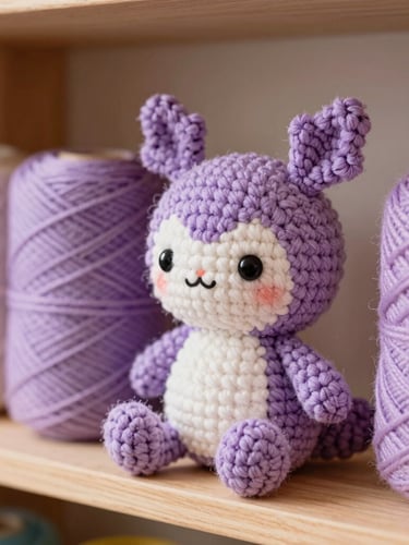 Close-up of a cozy handmade amigurumi plushie of a cute fantasy creature sitting on a wooden shelf next to colorful yarn rolls, soft natural daylight, macro lens showing texture