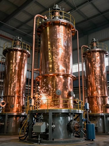 Vertical portrait of a modern mineral processing plant interior, towering steel flotation cells and copper refining machinery, dramatic industrial lighting with warm sparks and metallic reflections.