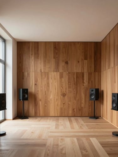 Symmetrical architectural wide shot of a minimalist Scandinavian living room with integrated walnut acoustic panels, soft natural light from a side window, and high-end studio monitors.