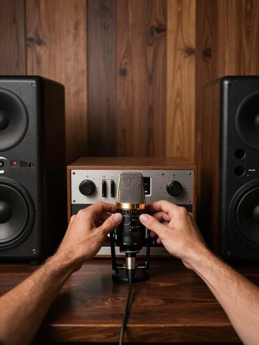 Symmetrical portrait shot of an acoustic engineer calibrating a home theater system, adjusting a microphone, warm low-key lighting, walnut panels in background