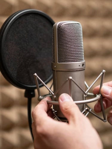 Close-up of hands adjusting a professional calibration microphone in front of a walnut acoustic diffusion panel, soft warm lighting, shallow depth of field.