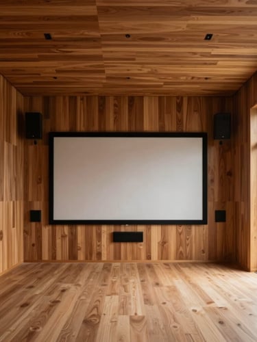 Symmetrical wide architectural shot of a minimalist luxury home theater in a Scandinavian-inspired Indian villa, warm walnut wood acoustic paneling, completely integrated invisible speakers, soft natural light from a side window.