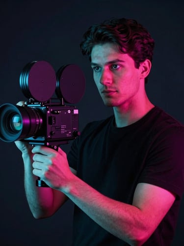 Moody portrait of a creator holding a modern cinema camera, dramatic neon magenta and cyan gel lighting, high-contrast dark tones, sharp focus, 35mm lens.