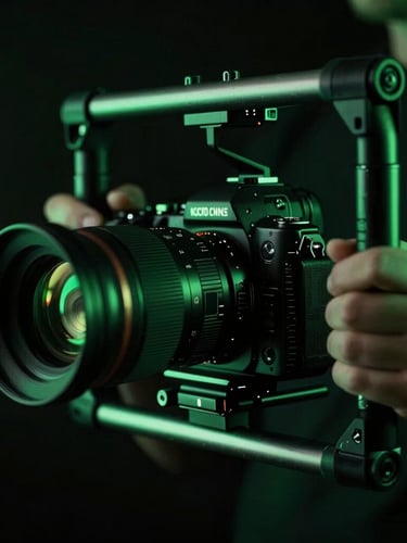 Extreme close-up of a creator holding a professional camera rig under electric green neon lighting, high-contrast dark tones, moody studio setting