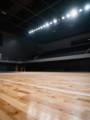Low-angle heroic shot of a modern indoor multi-sport arena, polished wooden basketball court lines in the foreground, dramatic stadium floodlights casting sharp shadows, high-contrast cool tones.