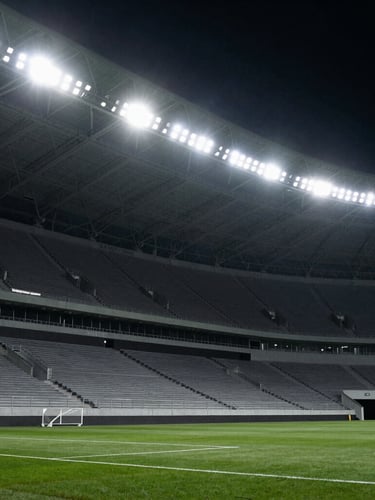 Low-angle heroic shot of an empty modern sports arena under dramatic stadium floodlights, high-contrast cool tones, sharp action freeze, 85mm lens