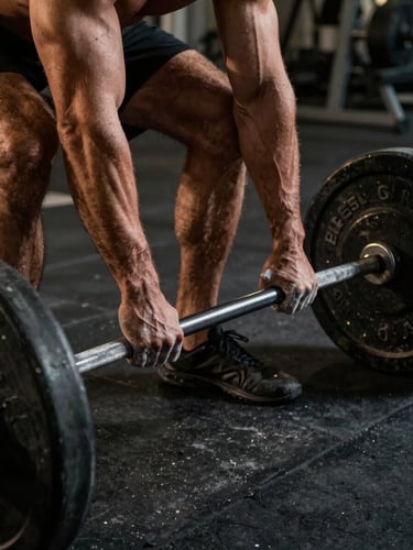 Dramatic low-key side-lighting on a muscular man's chalked hands gripping a heavy barbell in a dark concrete gym, raw textures, gold highlights.