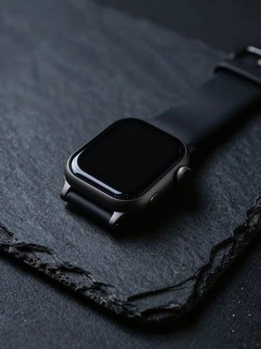 Low-key chiaroscuro lighting on a matte black smart watch resting on a heavy slate surface, dramatic side-lighting highlighting brushed steel textures, cool navy shadows.