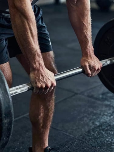 Chiaroscuro close-up of a man's chalked hands gripping a heavy barbell in a dark gym, dramatic side-lighting, cool navy shadows, gold highlights on the skin texture, raw concrete background.