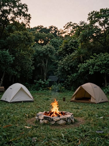 Wide environmental perspective of a modern outdoor campsite nestled in deep forest greens, a small stone fire pit glowing at twilight, 35mm film texture.